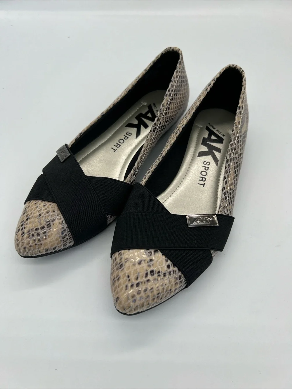 Ann Klein Women's Snake-Print Pointed Toe Flats in Beige and Black